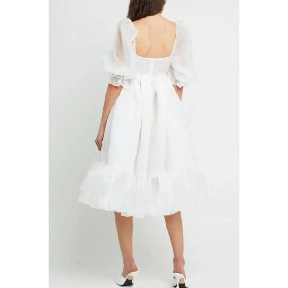 OPT White Puff Sleeve Midi Dress Square Neck Romantic‎ Summer Wedding